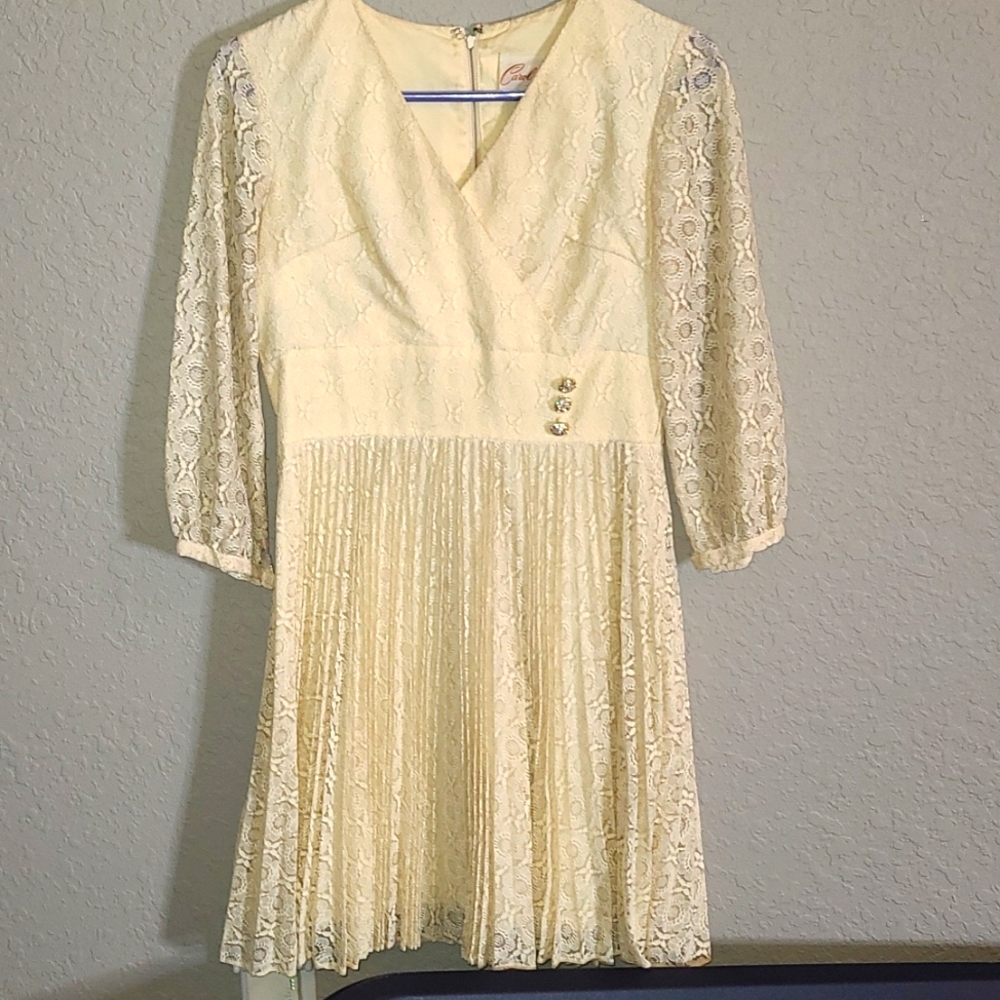 Vintage Carol Craig Ivory Lace Dress Pleated Skirt A Line Size 8